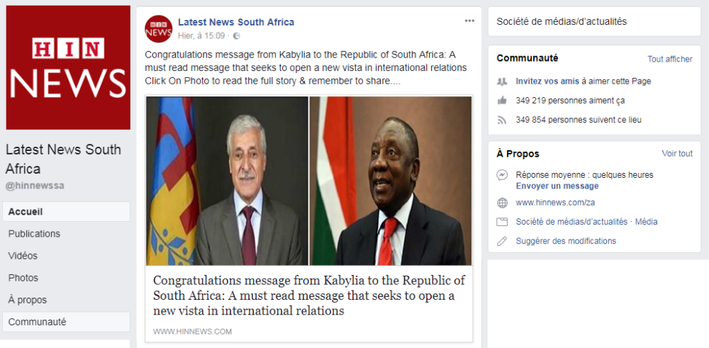 Diplomatie : La lettre de félicitations de la Kabylie au président sud africain reprise par un journal à forte audience en Afrique du Sud