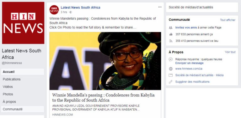 Diplomatie : Le message de condoléances de la Kabylie à Winnie Mandela repris par un journal à forte audience en Afrique du Sud