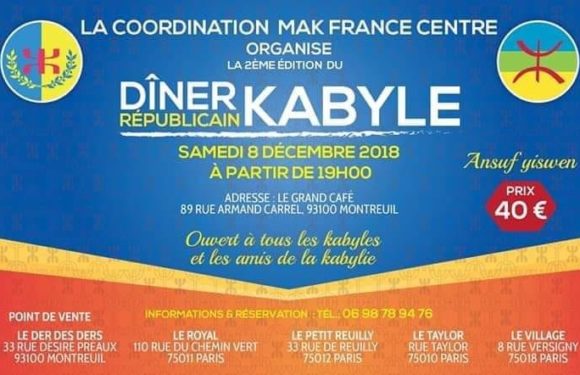 Dîner républicain kabyle samedi 08 décembre à Montreuil