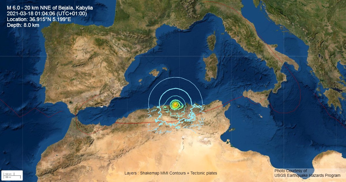 Kabylie : Séisme peu profond et de magnitude 6 au large de Vgayet suivi de 2 répliques (USGS & EMSC)