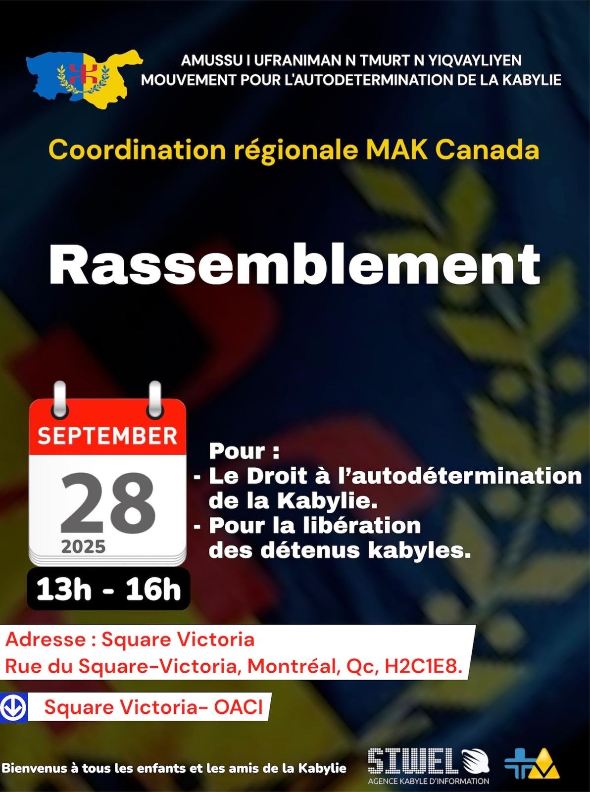 Rassemblement à Montréal le 28 septembre 2025 : Communiqué du MAK-Canada