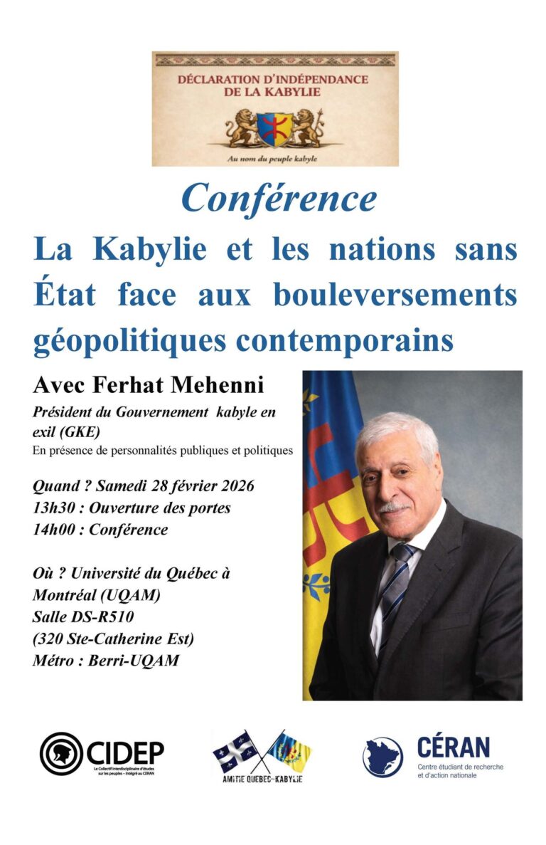 Conférence de Ferhat Mehenni à l’UQAM : la Kabylie face aux recompositions géopolitiques
