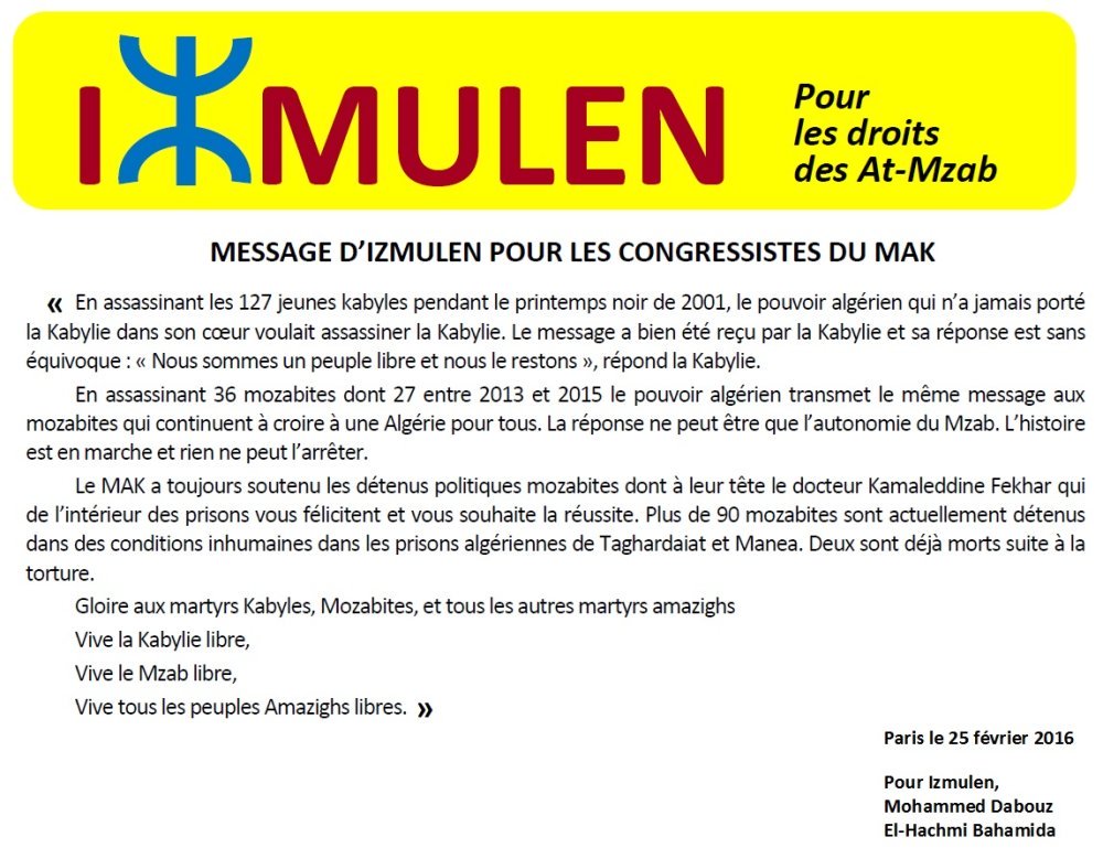 Mzab : Message d'Izmulen pour les congressistes du MAK