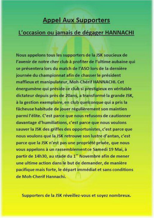 Rassemblement samedi des supporters de la JSK pour demander le départ de Hannachi Rassemblement samedi des supporters de la JSK pour demander le départ de Hannachi