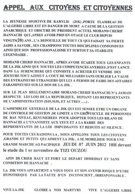 Sit-in jeudi matin des supporters de la JSK pour exiger le départ de Hannachi