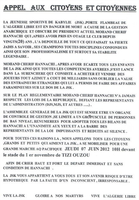 Sit-in jeudi matin des supporters de la JSK pour exiger le départ de Hannachi Sit-in jeudi matin des supporters de la JSK pour exiger le départ de Hannachi
