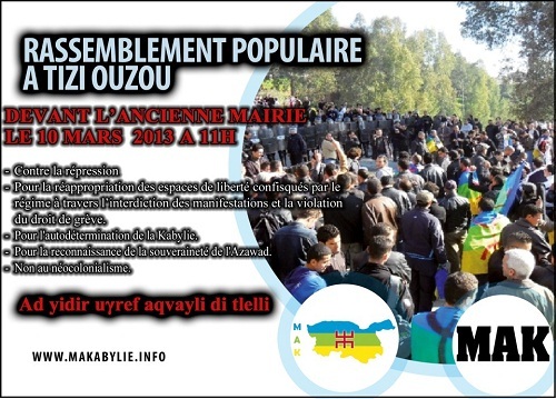 Célébration du Printemps amazigh et du Printemps noir : Rassemblement à Tizi-Ouzou le 10 mars, à l'appel du MAK Célébration du Printemps amazigh et du Printemps noir : Rassemblement à Tizi-Ouzou le 10 mars, à l'appel du MAK
