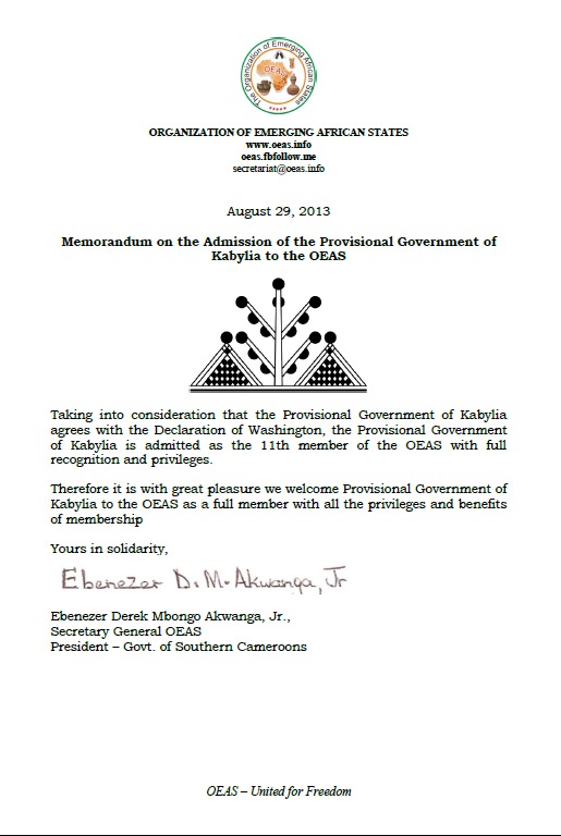 La Kabylie admise au sein de l'Organisation des Etats Africains Emergents (OEAS) La Kabylie admise au sein de l'Organisation des Etats Africains Emergents (OEAS)