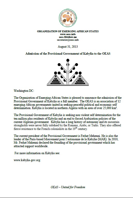 La Kabylie admise au sein de l'Organisation des Etats Africains Emergents (OEAS) La Kabylie admise au sein de l'Organisation des Etats Africains Emergents (OEAS)