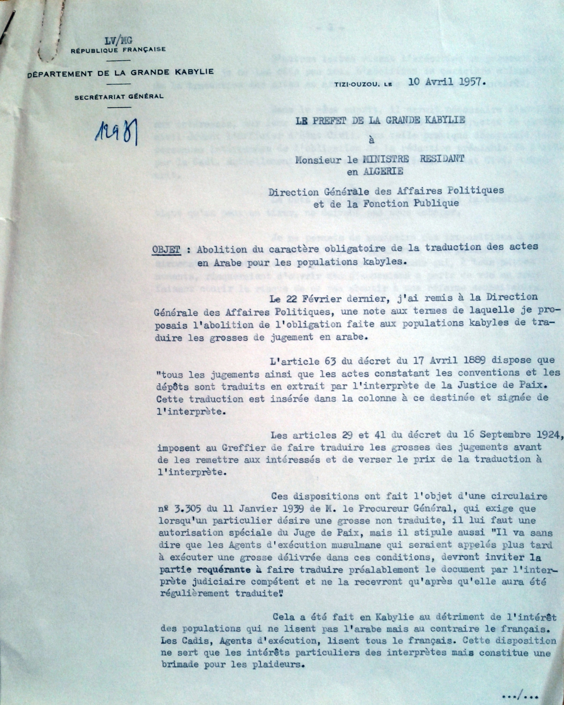 1957 : Abolition de l'obligation pour les Kabyles de traduire les grosses de jugement en arabe 1957 : Abolition de l'obligation pour les Kabyles de traduire les grosses de jugement en arabe