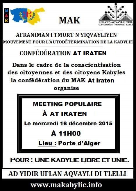 Le MAK anime un meeting populaire à Larevâa n At Iraten le mercredi 16 décembre à 11h Le MAK anime un meeting populaire à Larevâa n At Iraten le mercredi 16 décembre à 11h