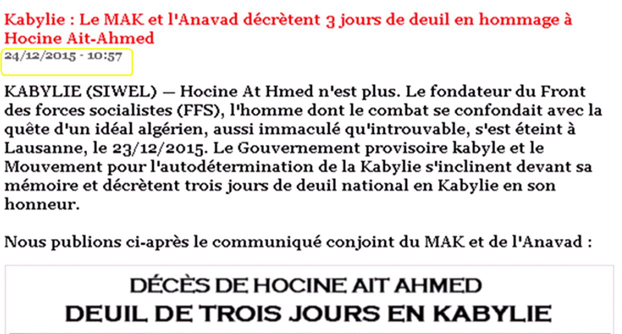 Humilié par le MAK et le GPK, Bouteflika se résout a décréter 8 jours de deuil suite au décès de Hocine Ait-Ahmed Humilié par le MAK et le GPK, Bouteflika se résout a décréter 8 jours de deuil suite au décès de Hocine Ait-Ahmed