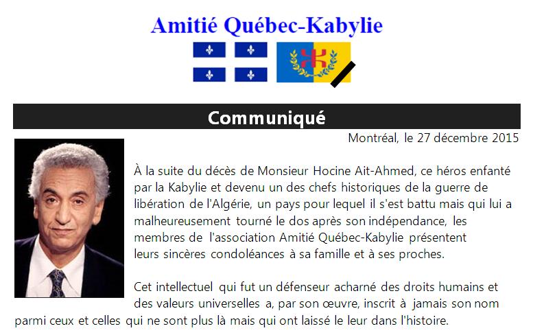 Décès de Hocine Ait-Ahmed : Communiqué de Amitié Québec-Kabylie Décès de Hocine Ait-Ahmed : Communiqué de Amitié Québec-Kabylie