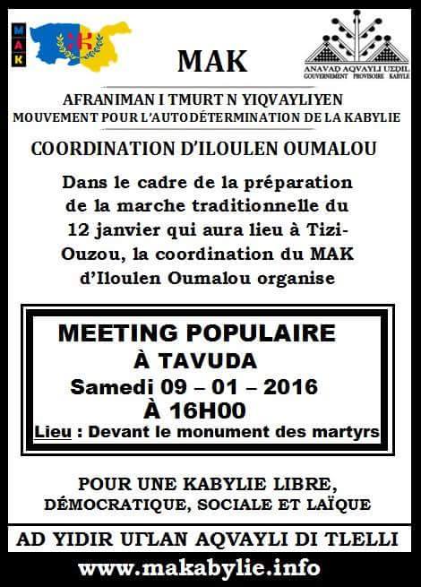 Ilulen Umalu (Iloula) : Le MAK anime un meeting populaire le samedi 09 janvier à Tavuda (Thaboudha) Ilulen Umalu (Iloula) : Le MAK anime un meeting populaire le samedi 09 janvier à Tavuda (Thaboudha)