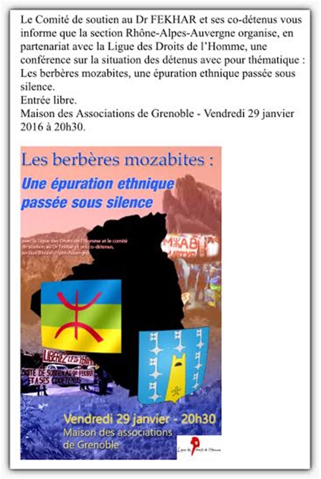 Grenoble / Conférence sur les Berbères mozabites : une épuration ethnique passée sous silence, le vendredi 29 janvier Grenoble / Conférence sur les Berbères mozabites : une épuration ethnique passée sous silence, le vendredi 29 janvier