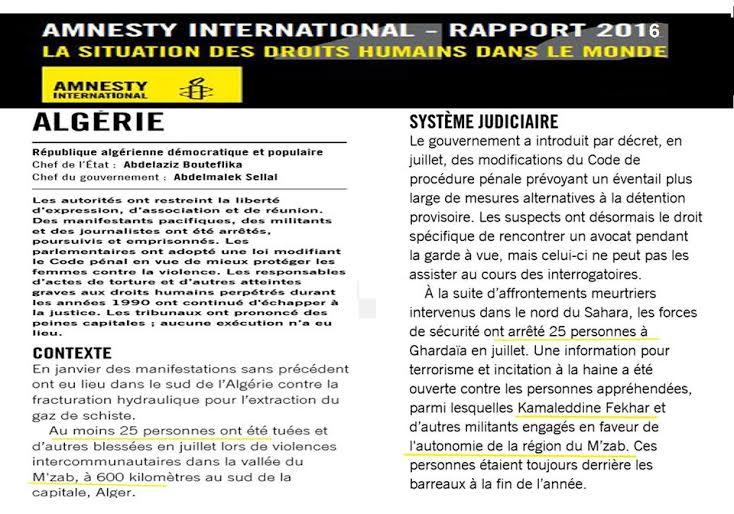 Malgré quelques approximations, Amensty international évoque les tueries du Mzab et l'arrestation arbitraire du Dr Fekhar et ses compagnons Malgré quelques approximations, Amensty international évoque les tueries du Mzab et l'arrestation arbitraire du Dr Fekhar et ses compagnons