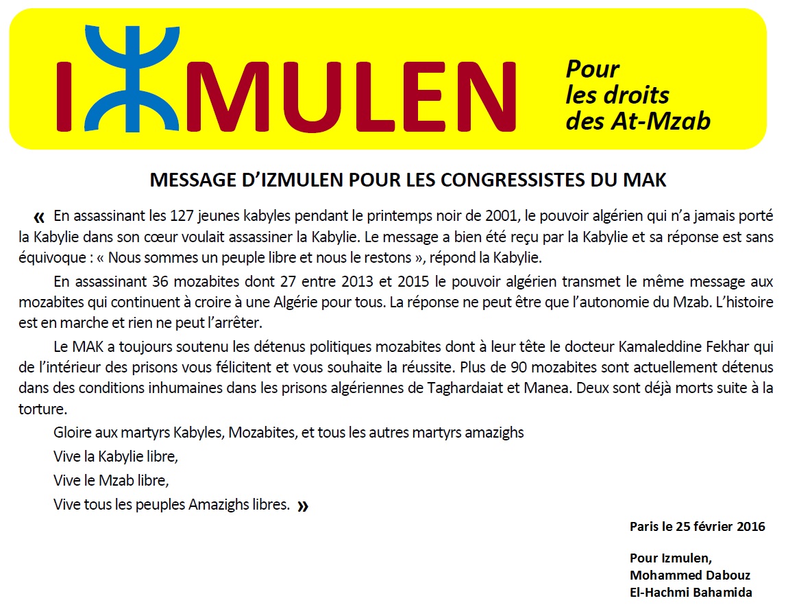 Mzab : Message d'Izmulen pour les congressistes du MAK Mzab : Message d'Izmulen pour les congressistes du MAK