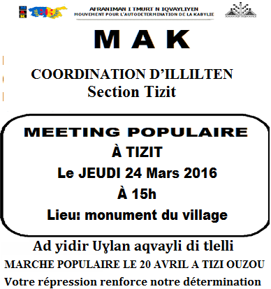 Tizit / Illilten : Le MAK organise un meeting populaire le jeudi 24 mars à 15h Tizit / Illilten : Le MAK organise un meeting populaire le jeudi 24 mars à 15h