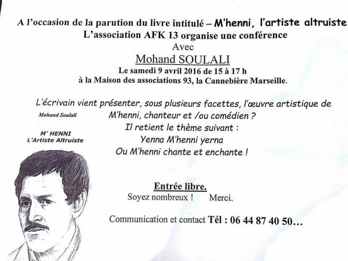 Le Dr. Mohand Soulali anime ce samedi une conférence à Marseille sur Mhenni At Waɛmiruc Le Dr. Mohand Soulali anime ce samedi une conférence à Marseille sur Mhenni At Waɛmiruc