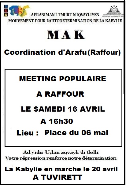 MAK : Meeting populaire à Raffour le samedi 16 avril à 16h30 MAK : Meeting populaire à Raffour le samedi 16 avril à 16h30
