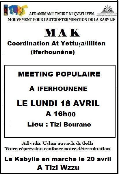 MAK : Meeting populaire le 18 avril à Iferhunen MAK : Meeting populaire le 18 avril à Iferhunen