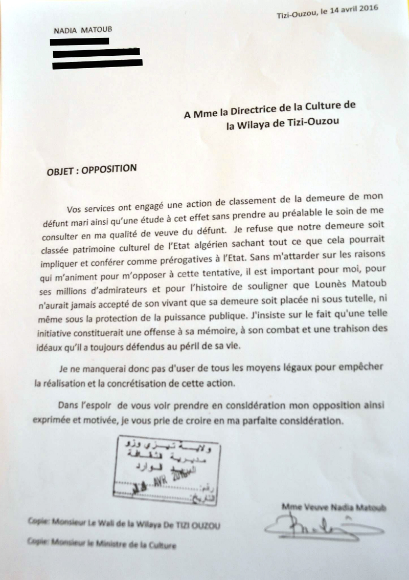 Document : Nadia Matoub écrit à la directrice de la culture de Tizi-Ouzou Document : Nadia Matoub écrit à la directrice de la culture de Tizi-Ouzou