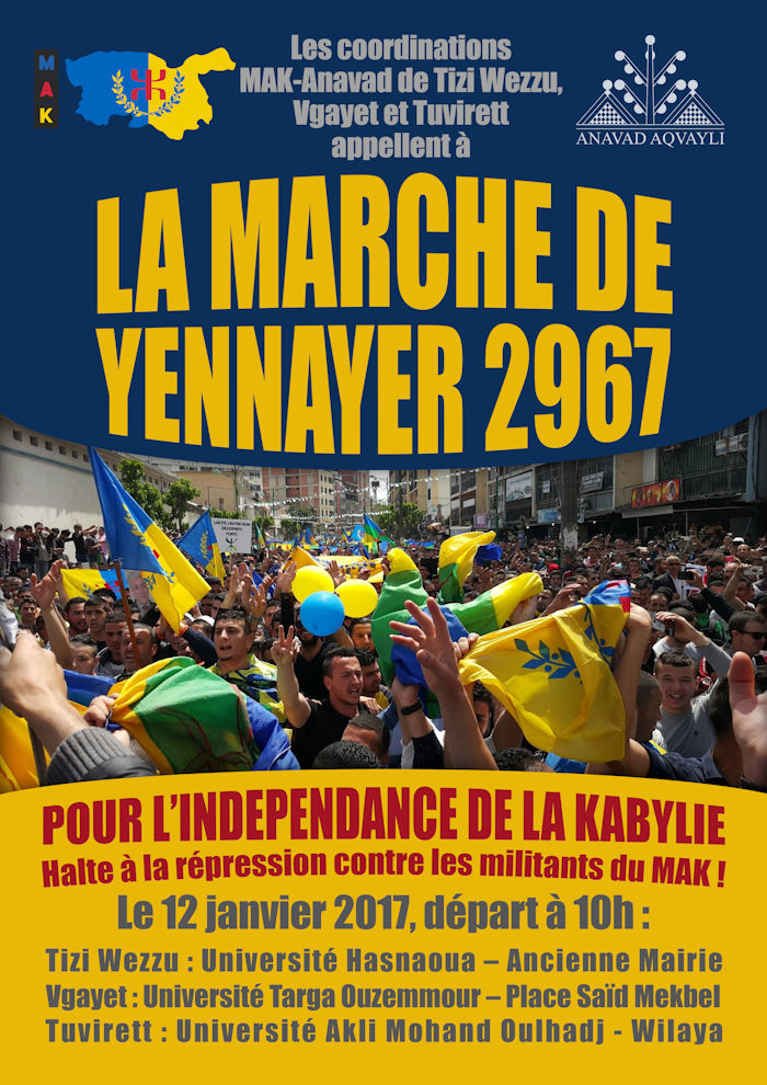 Yennayer 2967 : Appel à la Marche à Tizi Wezzu, Vgayet et Tuvirett pour l'indépendance de la Kabylie