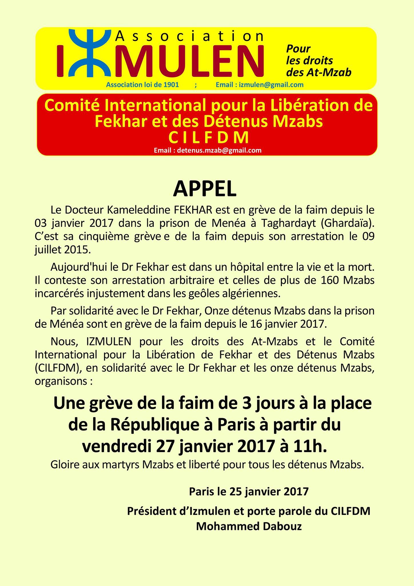 Grève de la faim de 3 jours à Paris en soutien à Kameleddine Fekhar à partir de ce vendredi