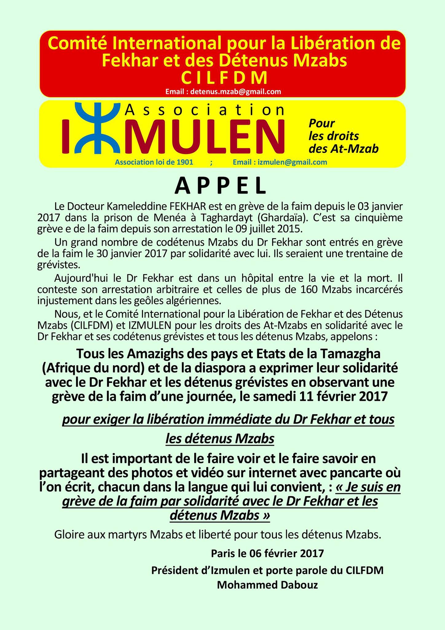 Solidarité avec le Dr Fekhar : Appel à une journée de grève de la faim de tous les amazigh le 11 férvier