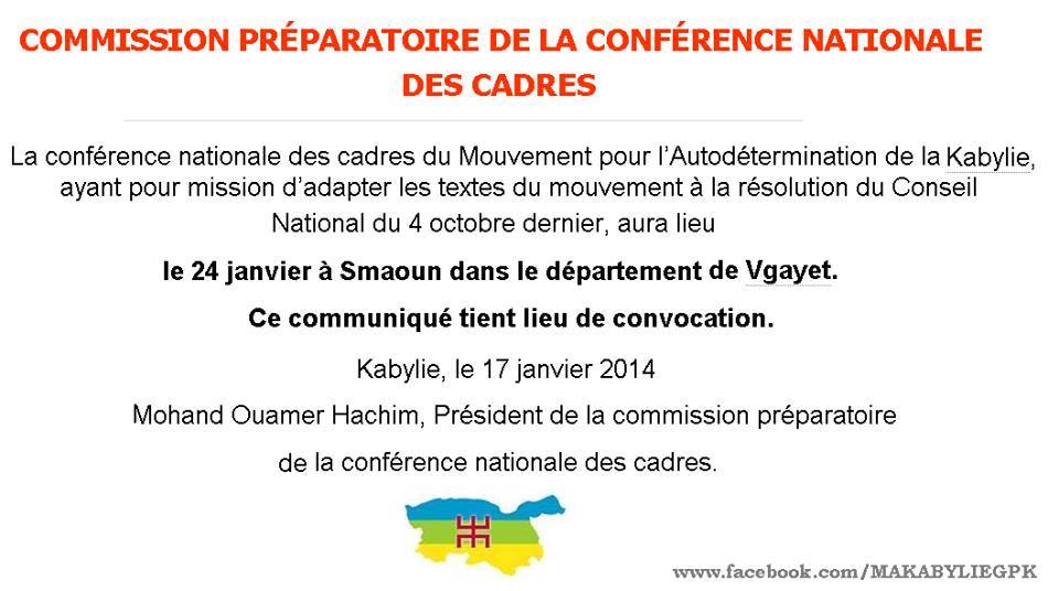 Communiqué du MAK: Commission préparatoire de la conférence nationale des cadres