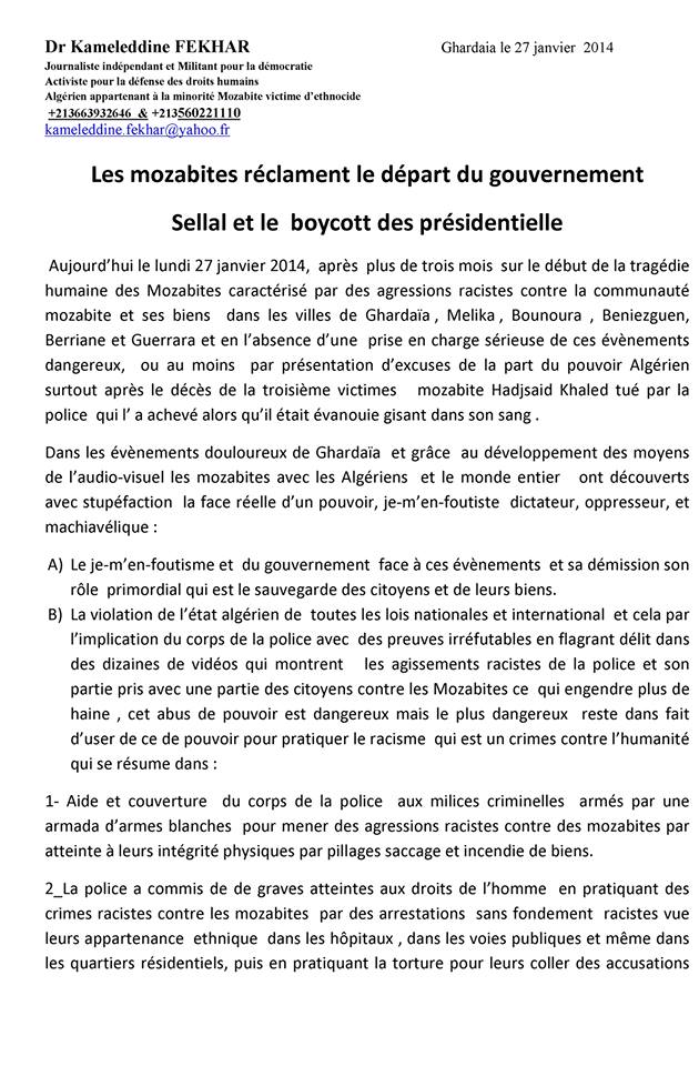 Les mozabites réclament le départ du gouvernement Sellal et le boycott des présidentielles