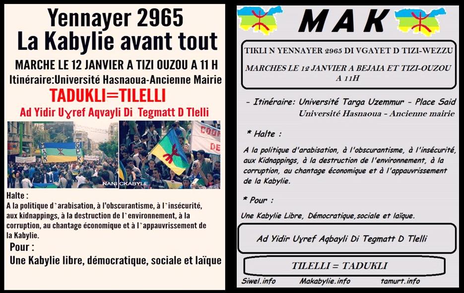 Yennayer 2965 / Le MAK appelle le peuple kabyle à marcher ce 12 Janvier à Tizi-Ouzou et Vgayet