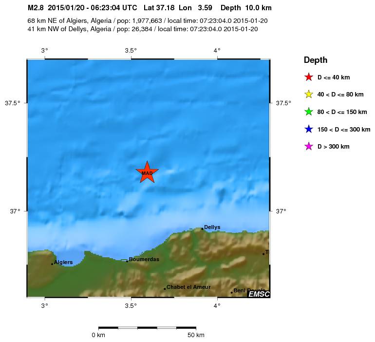 Kabylie : Séisme de ML 2.8 au large de Dellys