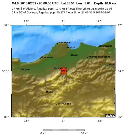 Algérie : Séisme de ML 4.7 au sud d'Alger