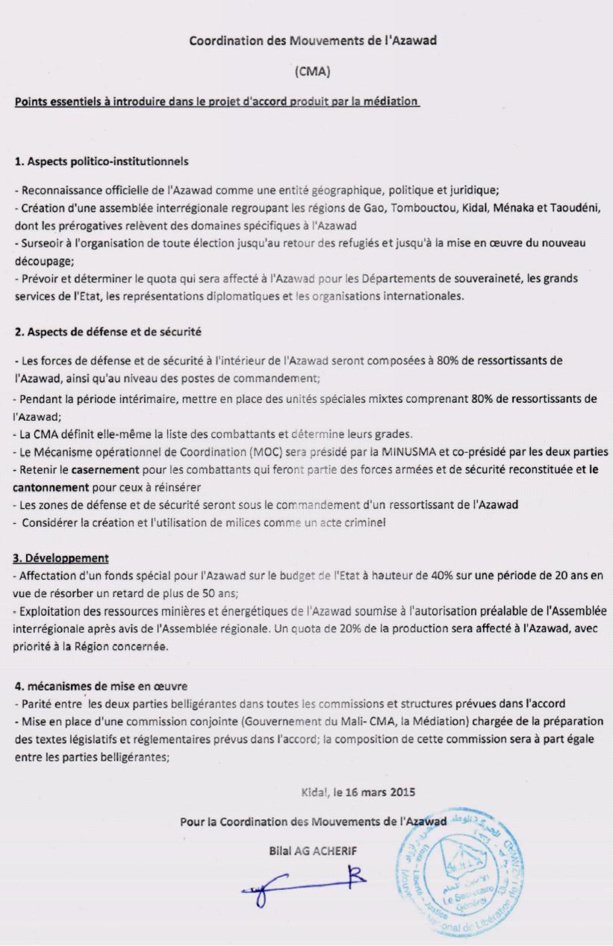 Azawad- Mali / Les points essentiels à introduire dans le projet d'accord tels que définis initialement par la CMA