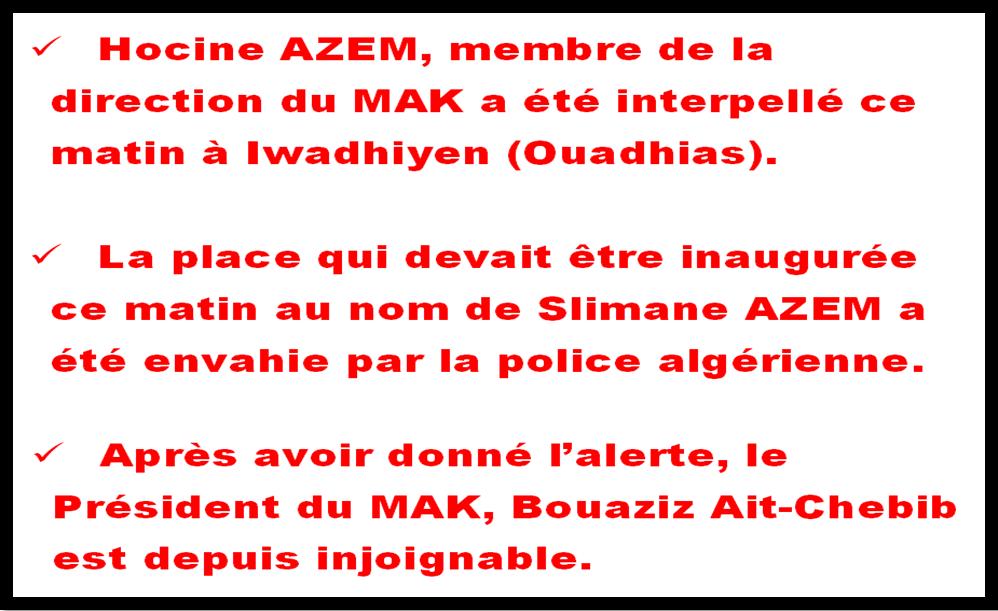 Inauguration de la Place Slimane Azem : Bouaziz Ait-Chebib et Hocine Azem arrêtés