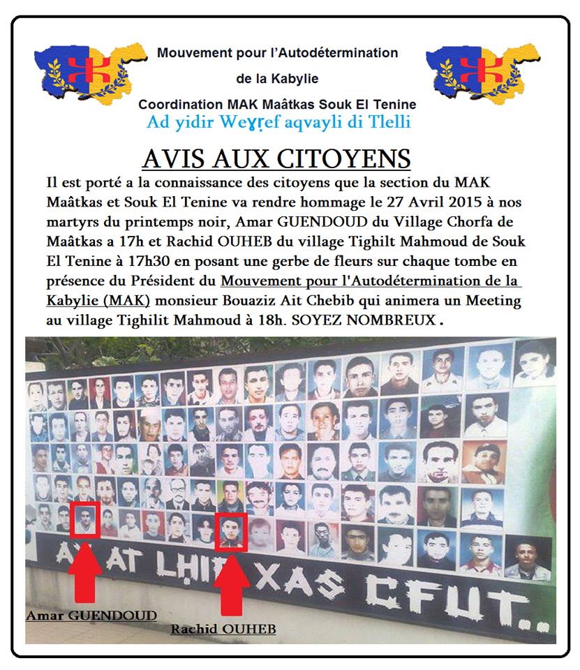 27 avril 2015, la coordination MAK Maatkas -Souk Letnine rend hommage à deux jeunes martyrs du printemps noir