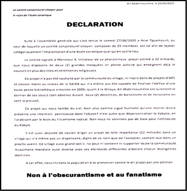 Ait Abdelmoumen / Un Comité conjoncturel citoyen pour le rejet de l'école coranique est mis en place