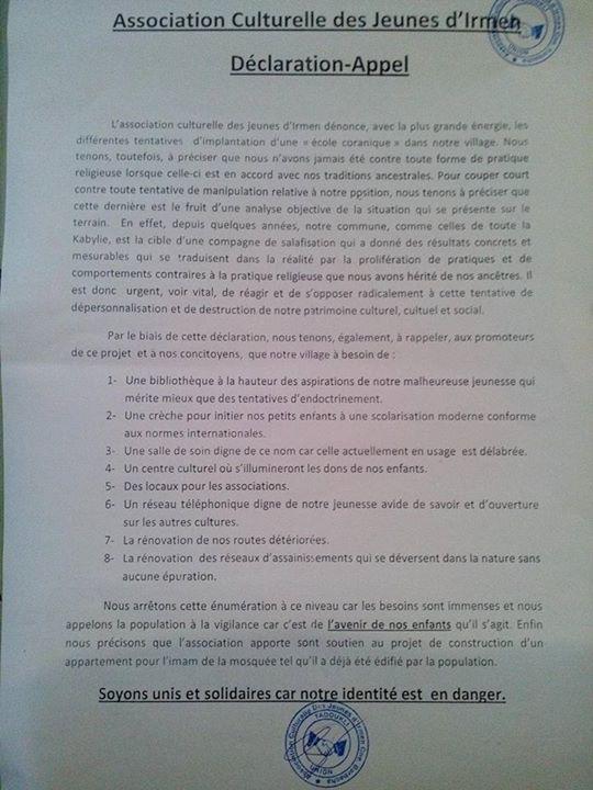 L'Association culturelle des jeunes d'Irmen dénonce les différentes tentatives d'implantation d'une école coranique dans le village. 