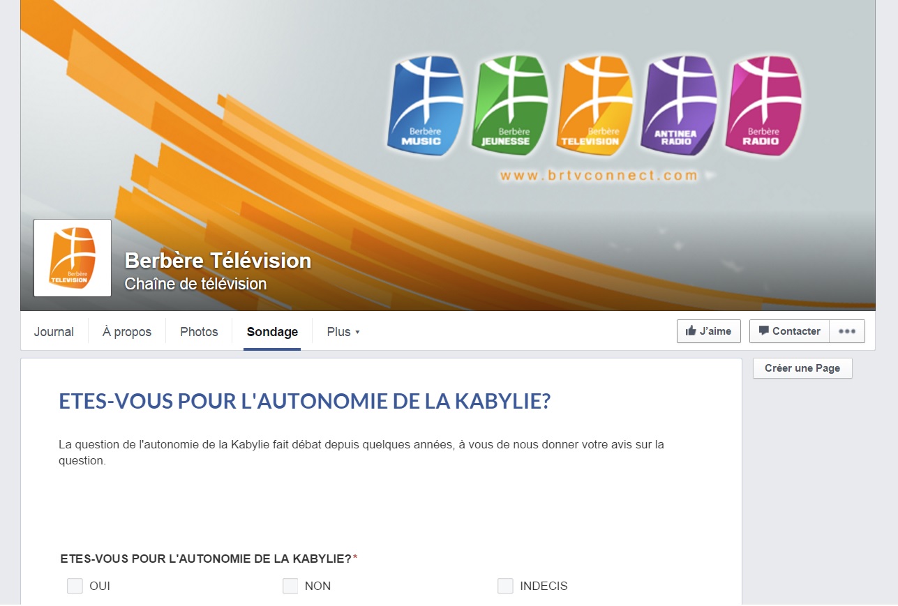 La page Facebook de la BRTV lance un sondage sur... l'autonomie de la Kabylie (sic!)