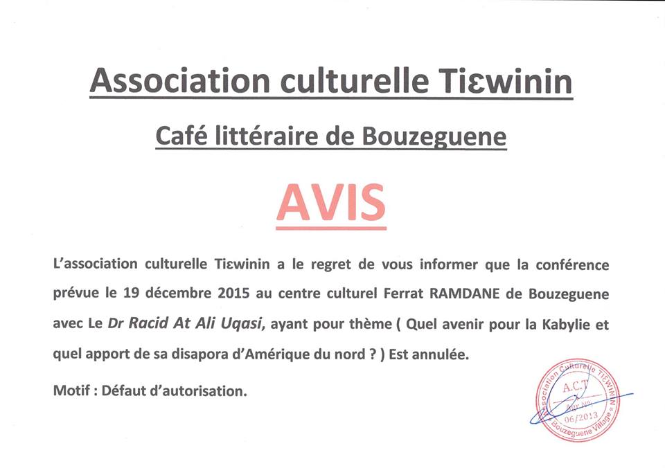 L'Algérie interdit une conférence sur l'avenir de la Kabylie à Bouzeguène 