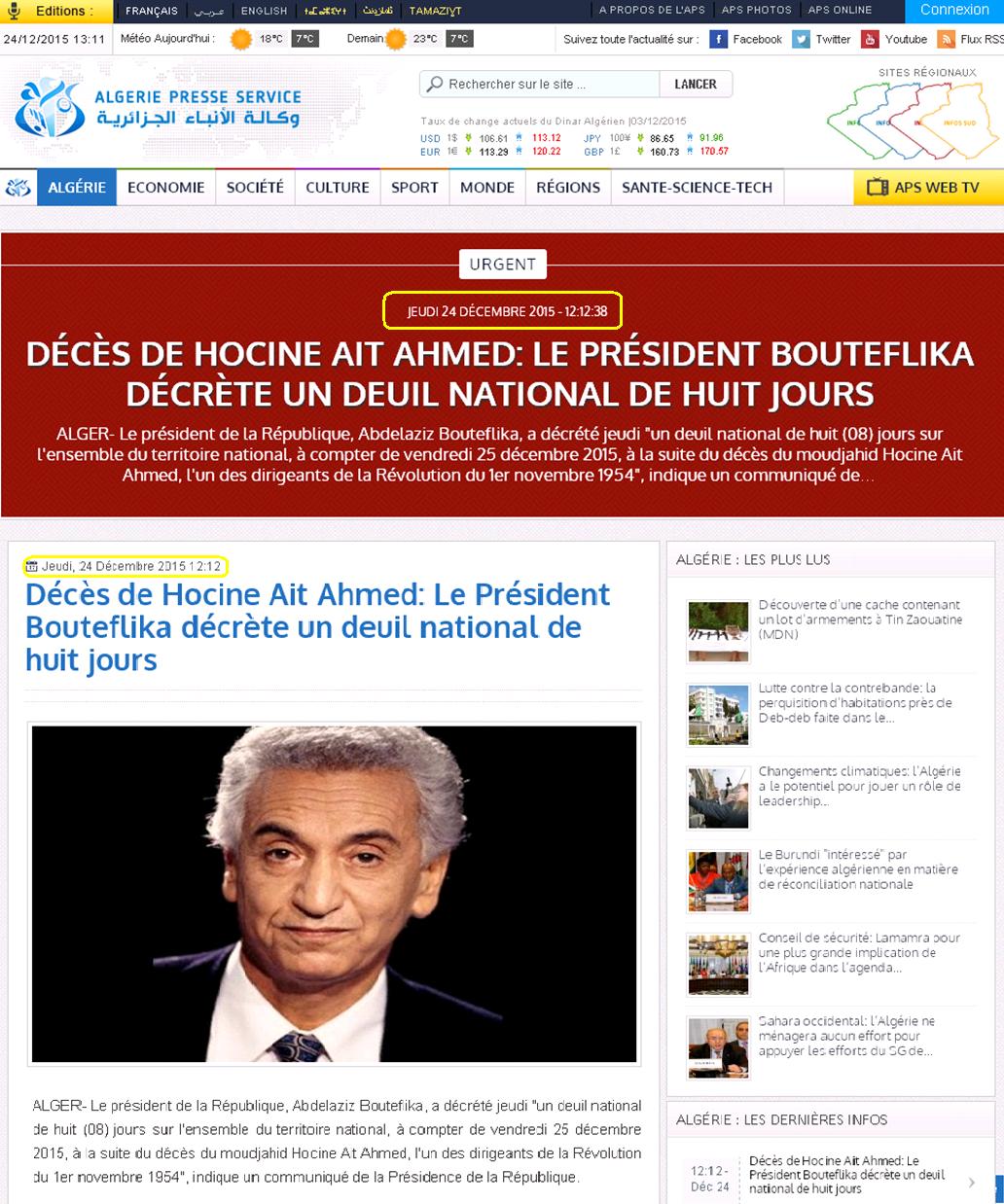 Humilié par le MAK et le GPK, Bouteflika se résout a décréter 8 jours de deuil suite au décès de Hocine Ait-Ahmed