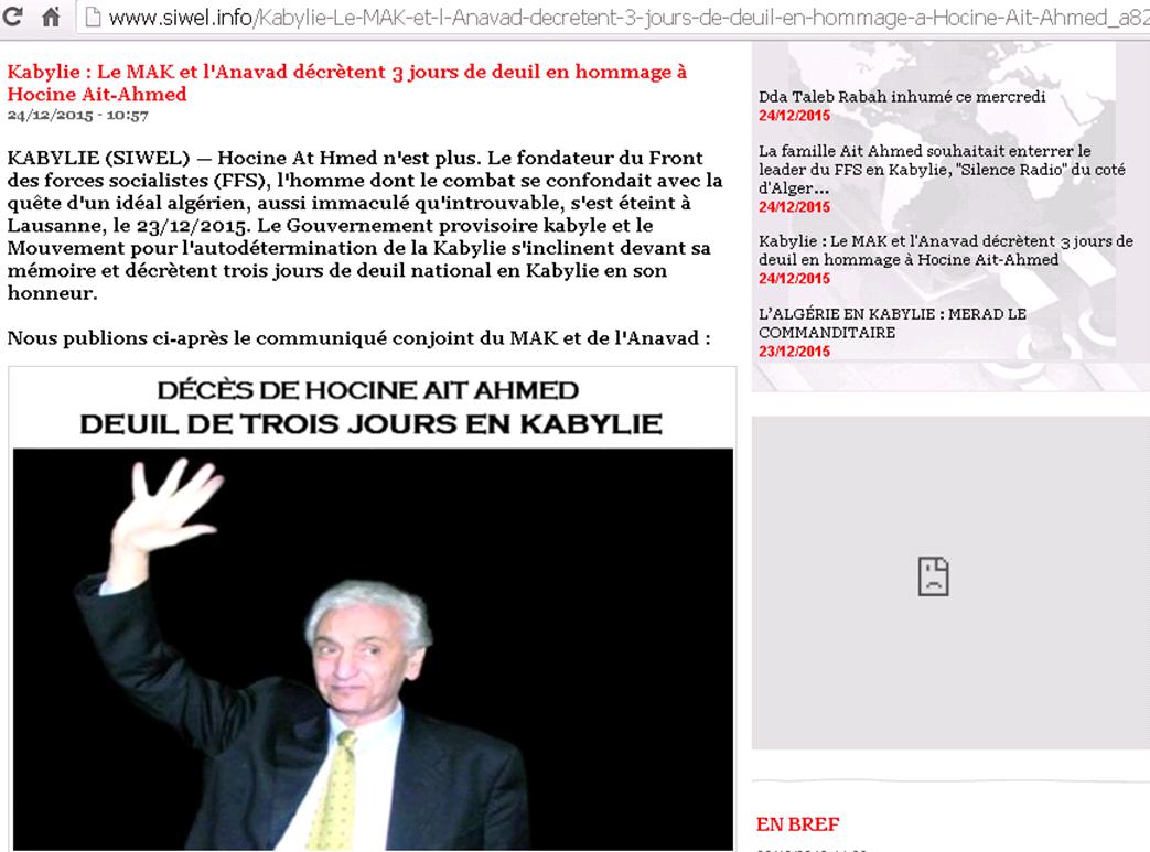 Humilié par le MAK et le GPK, Bouteflika se résout a décréter 8 jours de deuil suite au décès de Hocine Ait-Ahmed