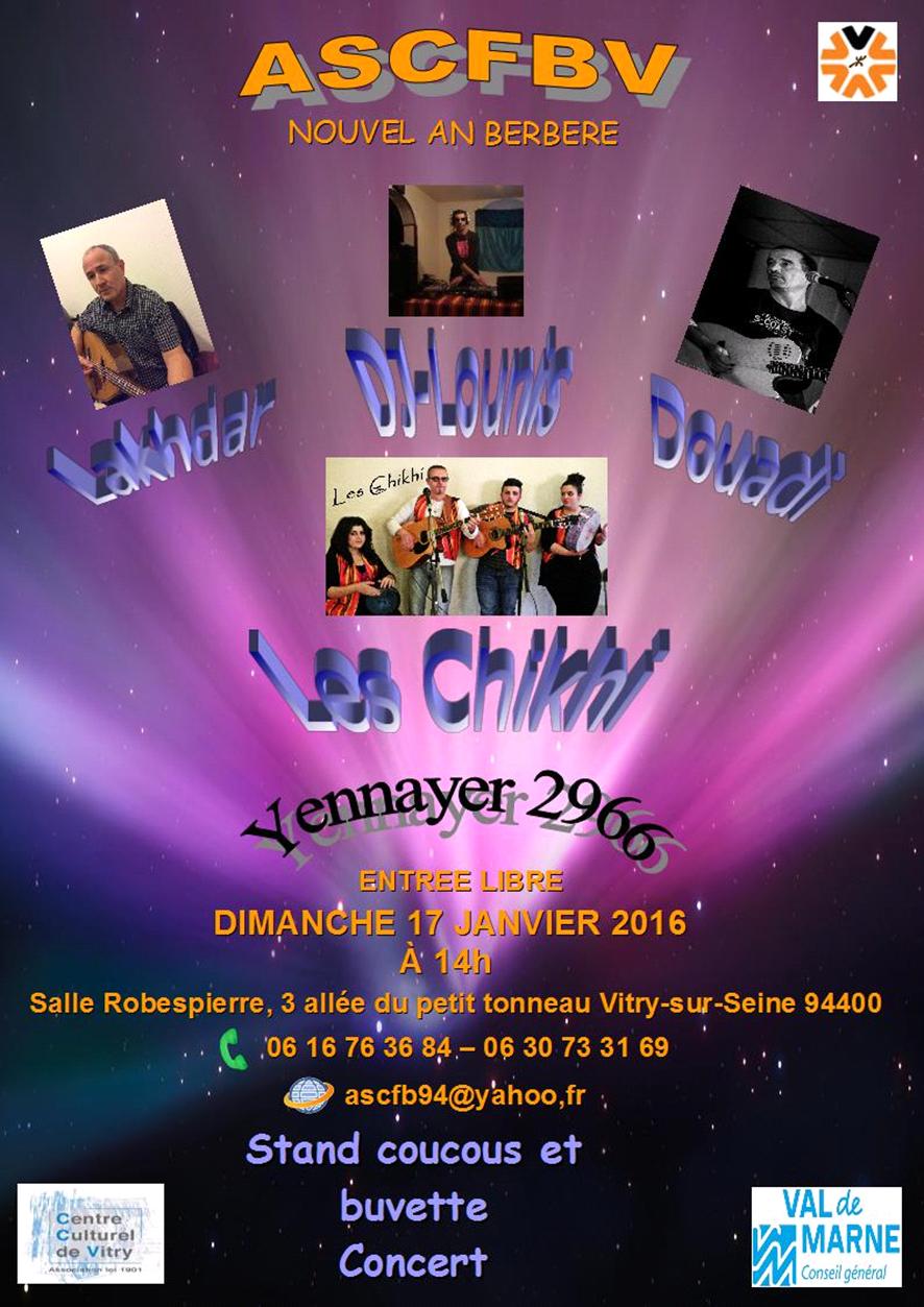 L'Association Socio Culturelle Franco Berbère de Vitry-sur-Seine, ASCFBV, organise yennayer 2966, ce dimanche 17 janvier à 14h