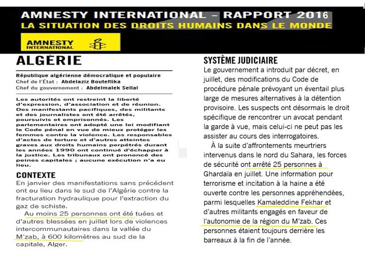 Malgré quelques approximations, Amensty international évoque les tueries du Mzab et l'arrestation arbitraire du Dr Fekhar et ses compagnons