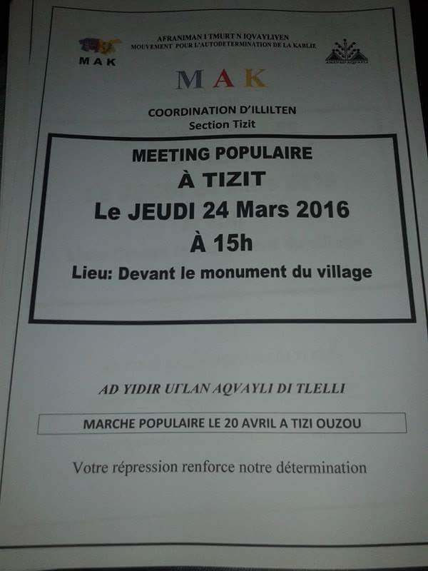 Tizit / Illilten : Le MAK organise un meeting populaire le jeudi 24 mars à 15h