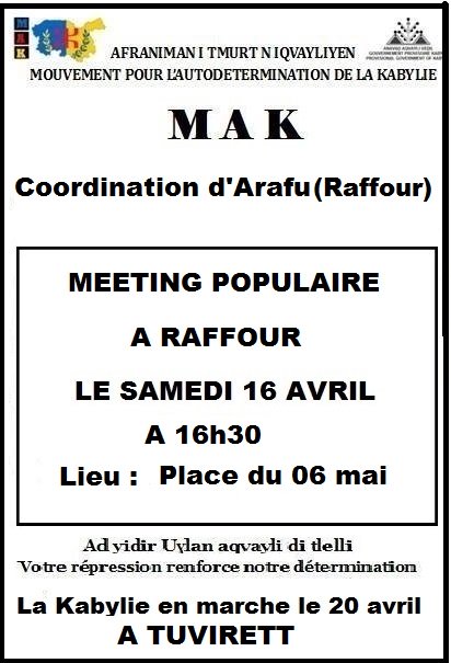 MAK : Meeting populaire à Raffour le samedi 16 avril à 16h30