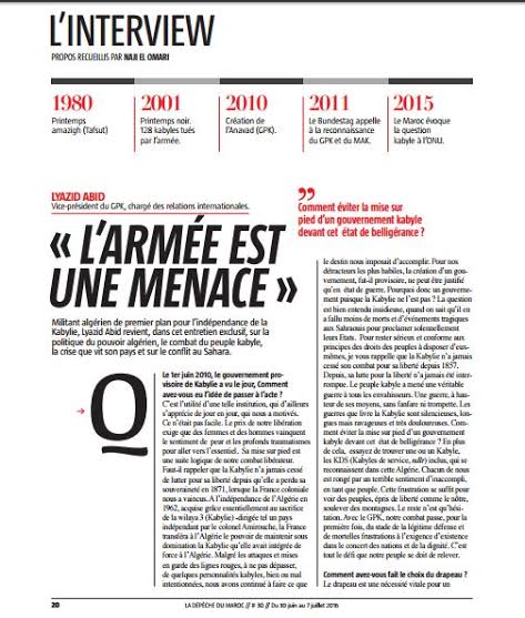 Lyazid Abid au journal La Dépêche du Maroc : « L'armée algérienne est un facteur d'insécurité en Kabylie »