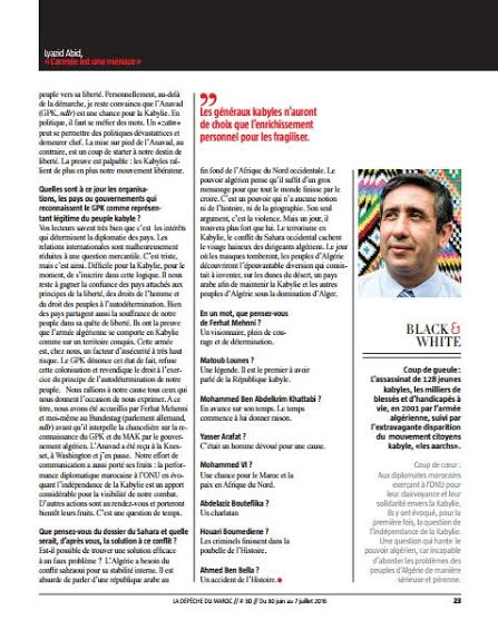 Lyazid Abid au journal La Dépêche du Maroc : « L'armée algérienne est un facteur d'insécurité en Kabylie »
